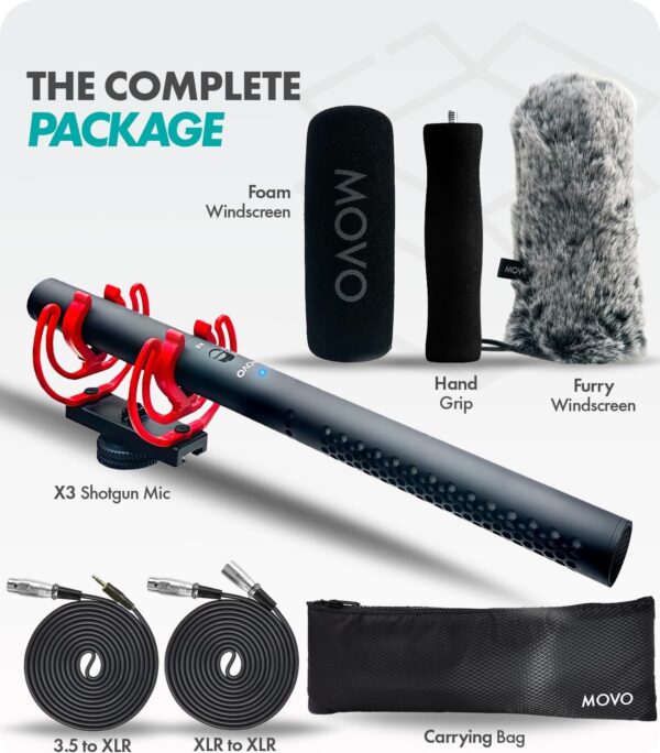 Movo X3-II Shotgun Microphone for Camera – 11” XLR Supercardioid Boom Mic for Filmmaking, DSLR Video, Interviews & Content Creation – Includes Rycote Shockmount, Grip & XLR Cables - Image 6