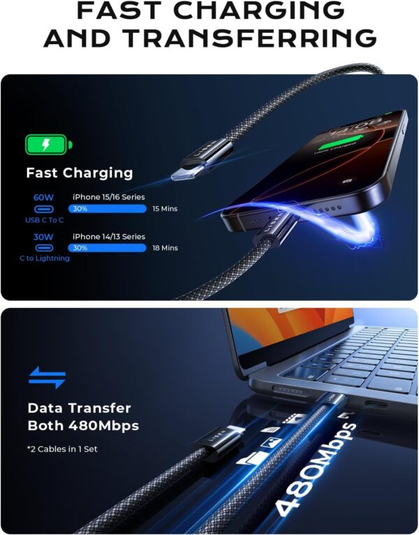 LISEN 90W USB C Car Charger Fast Charging, Dual USB C Port PD 45W Cigarette Lighter Adapter USB C Car Charger iPhone, Super Fast Car Charger USB C with USB C & Lightning Cable for iPhone 16 - Image 5