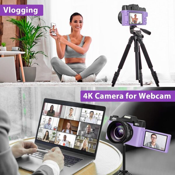 Capture Life in Vivid Detail: 56MP 4K Vlogging Camera with WiFi, 180° Flip Screen & Dual Lens Kit in Stylish Purple! - Image 5