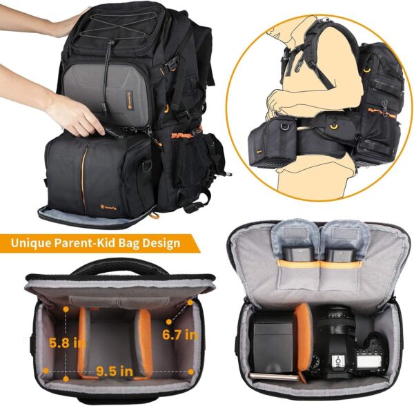 TARION Pro 2 Bags in 1 Camera Backpack Large with 15.6" Laptop Compartment Waterproof Rain Cover Extra Large Travel Hiking Camera Backpack DSLR Bag - Image 4