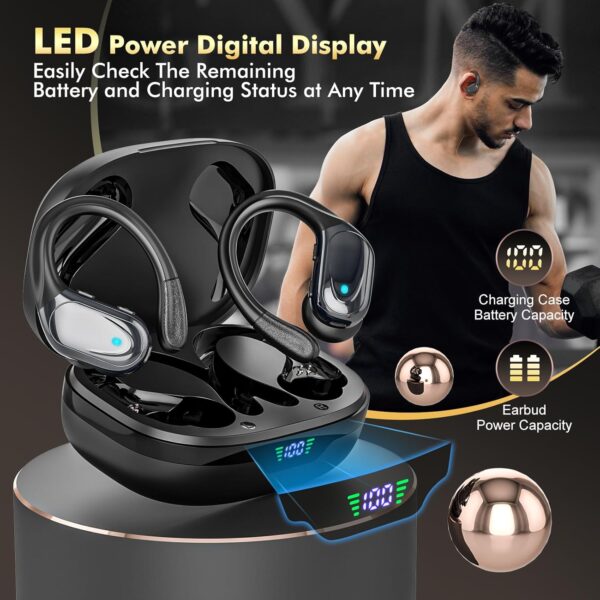 Wireless Earbuds, Sports Bluetooth Headphones, Ear Buds with 80hr Playtime, Noise Canceling, LED Power Display, IPX7 Waterproof Earphones for Workout/Running Black - Image 6