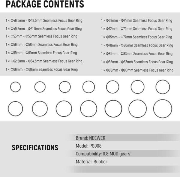 NEEWER 14PCS Seamless Follow Focus Gear Ring Set 0.8 MOD for ø46.5-90mm Lens, Compatible with SmallRig Compatible with Tilta NEEWER Follow Focus for Canon Sony Nikon Fujifilm Sigma Lens, PG008 - Image 6