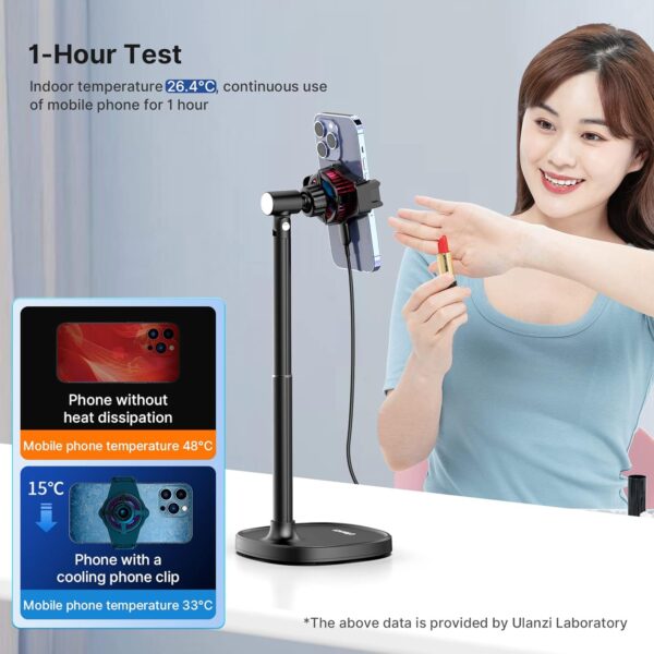 ULANZI SK-06 Cell Phone Stand with Phone Cooler, Desktop Phone Live Streaming Solution with Phone Cooling Fan, Height Adjustable Phone Cooler Stand Compatible with All Mobile Phones, iPhone & Android - Image 3