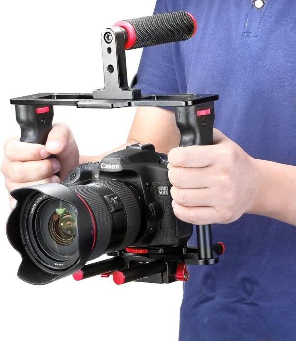 NEEWER Camera Video Cage Film Movie Making Kit, Aluminum Alloy with Top Handle, Dual Hand Grip, Two 15mm Rods, Compatible with Canon Sony Fujifilm Nikon DSLR Camera and Camcorder (Black + Red) - Image 2