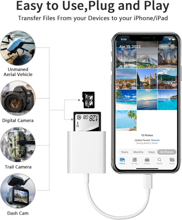 SD Card Reader for iPhone iPad Camera,Dual Card Slot Memory Card Reader Supports SD and TF Card Trail Camera Viewer Sd Card Adapter Portable Micro Sd Card Reader No Application Required Plug and Play - Image 3
