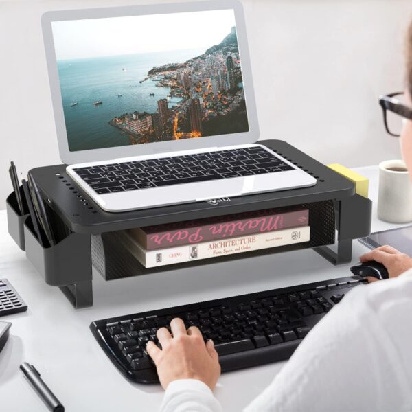 WALI Monitor Stand with Storage, Monitor Riser with Ventilation Drawer and Side Storage, Laptop Stand Riser for Desk, Printer Stands, (STT007), Black - Image 8