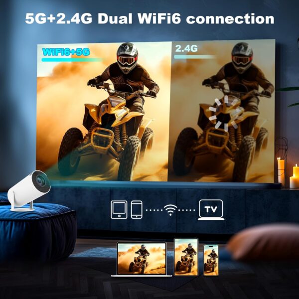 Mini Projector, Support 4K 1080P Portable Projector with Dual Band WIFI6 5G Wireless 5.2 Bluetooth Android 11, 200 ANSI Lumens, 180° Rotatable, Auto Keystone Correction,35"-130" Screen Video Projector - Image 4