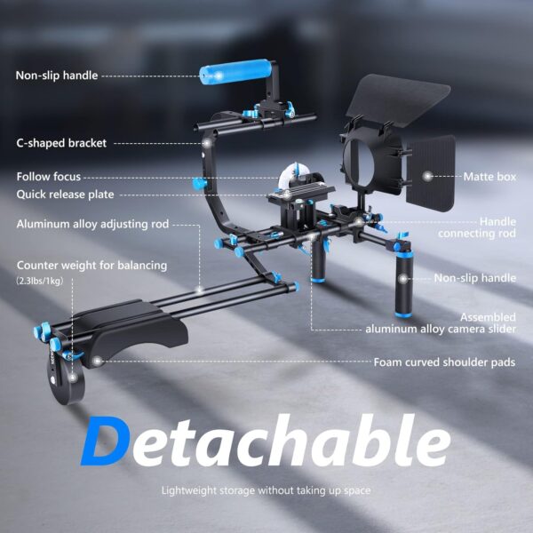 Neewer Shoulder Rig Kit for DSLR Cameras and Camcorders, Movie Video Film Making System with Matte Box, Follow Focus, C-Shaped Bracket, 15mm Rods, Handgrip, 1/4” & 3/8” Threads (Blue + Black) - Image 2