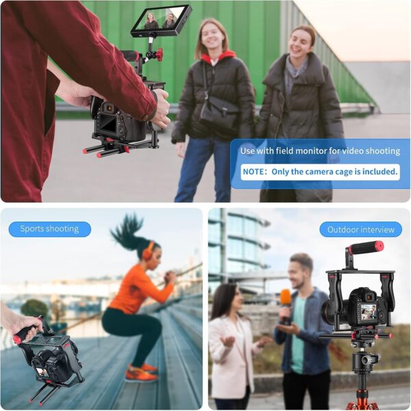 NEEWER Camera Video Cage Film Movie Making Kit, Aluminum Alloy with Top Handle, Dual Hand Grip, Two 15mm Rods, Compatible with Canon Sony Fujifilm Nikon DSLR Camera and Camcorder (Black + Red) - Image 6