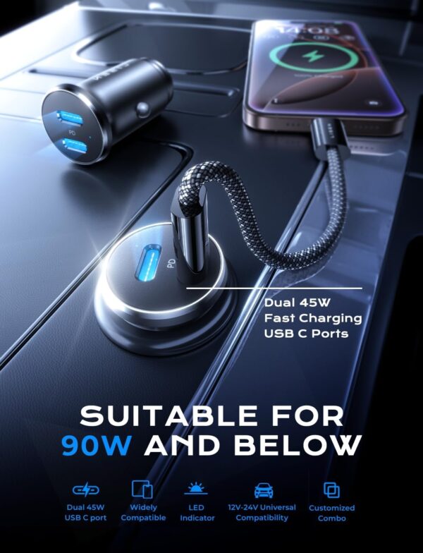 LISEN 90W USB C Car Charger Fast Charging, Dual USB C Port PD 45W Cigarette Lighter Adapter USB C Car Charger iPhone, Super Fast Car Charger USB C with USB C & Lightning Cable for iPhone 16 - Image 3