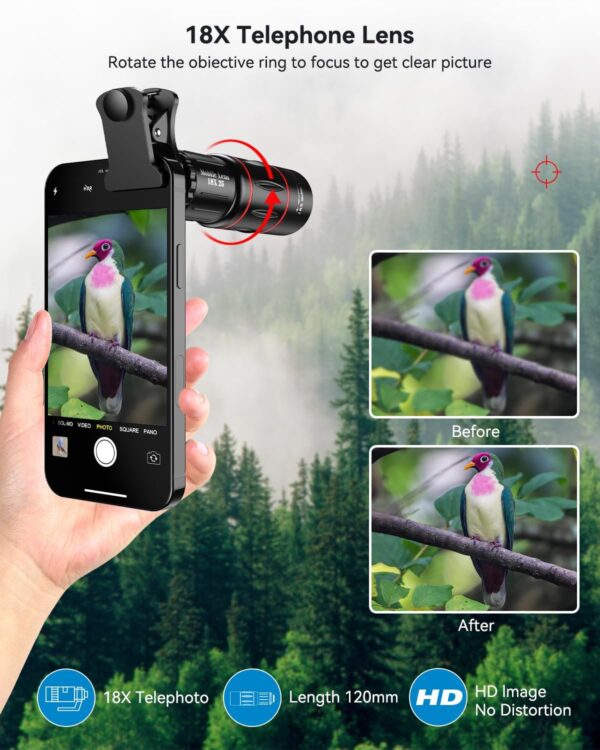 Evil Eye 18X Telephoto Lens, HD Telephoto Mobile Cell Phone Lens with Tripod, BAK4 Prism/FMC Lens, Lens Attachment for Android & iPhone, Samsung and Most Smartphone - Image 4