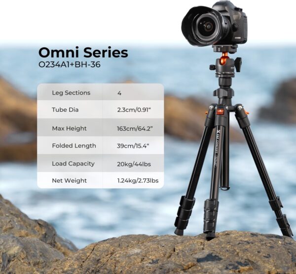 K&F Concept 64 inch/163cm Camera Tripod,Lightweight Travel Outdoor DSLR Tripods with 360 Degree Ball Head Load Capacity 8kg/17.6lbs,Cellphone Clip for Smartphone Live Streaming Vlog O234A1+BH-36 - Image 2