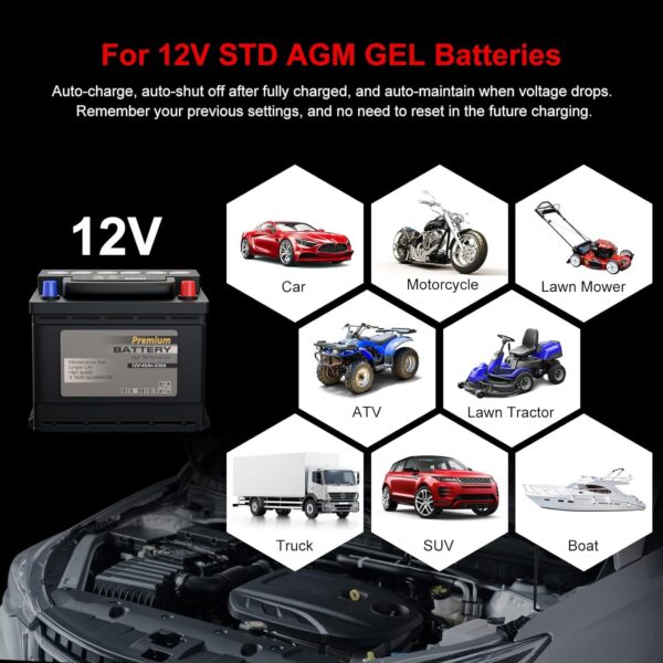 TowerTop 2/10/25 Amp 12V Smart Car Battery Charger, Fully Automatic Battery Maintainer with Engine Start, Auto Desulfator, Battery Repair, Winter Mode, for AGM, STD, Gel, Deep Cycle Batteries - Image 7