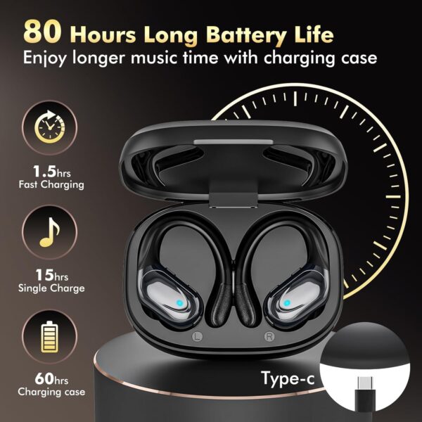 Wireless Earbuds, Sports Bluetooth Headphones, Ear Buds with 80hr Playtime, Noise Canceling, LED Power Display, IPX7 Waterproof Earphones for Workout/Running Black - Image 4
