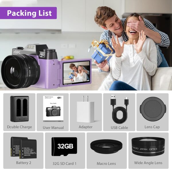Capture Life in Vivid Detail: 56MP 4K Vlogging Camera with WiFi, 180° Flip Screen & Dual Lens Kit in Stylish Purple! - Image 2