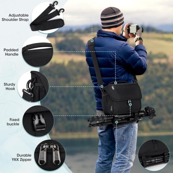 RAINSMORE Camera Bag, DSLR/SLR/Mirrorless Camera Case with Tripod Holder Waterproof Camera Sling Bag Crossbody Camera Bags for Photographers with Rain Cover for Canon/Nikon/Sony/Fuji, Black - Image 6