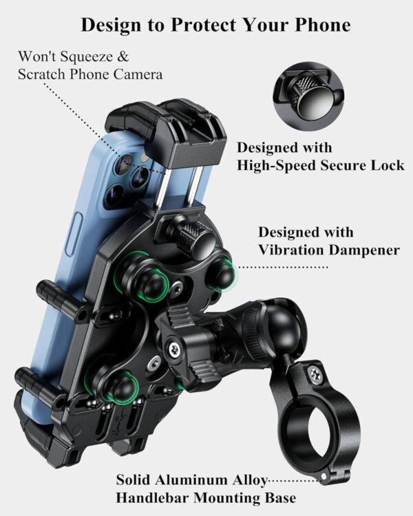BRCOVAN Motorcycle Phone Holder with Vibration Dampener & High-Speed Secure Lock, Anti-Theft Motorcycle Phone Mount Handlebar Cellphone Holder for Bike Bicycle Scooter ATV Fit 5.4''-7.2'' Smartphones - Image 5