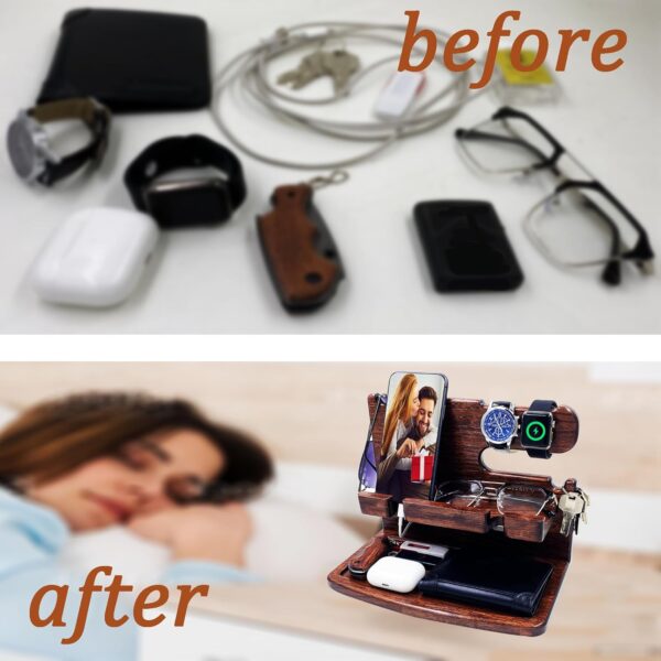 Gifts for Men Women Dad Husband Boyfriend Wood Phone Docking Station Nightstand Organizer for Men Birthday Gifts (Dark Brown) - Image 6