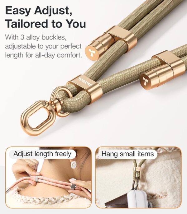 TORRAS Phone Lanyard Crossbody with 2 Phone Tabs, Adjustable Anti Theft Phone Strap for All Phones, Premium Metal Buckles, Skin-Friendly, Universal Cell Phone Neck lanyard for Women and Men, Khaki - Image 3