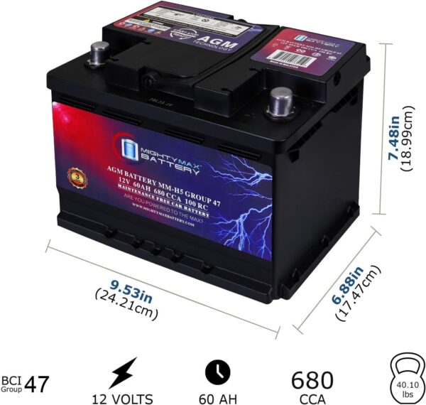 Mighty Max Battery MM-H5 Start and Stop Car BCI Group Size 47 12V 60 AH, 100RC, 680 CCA Rechargeable AGM Car Battery - Image 2
