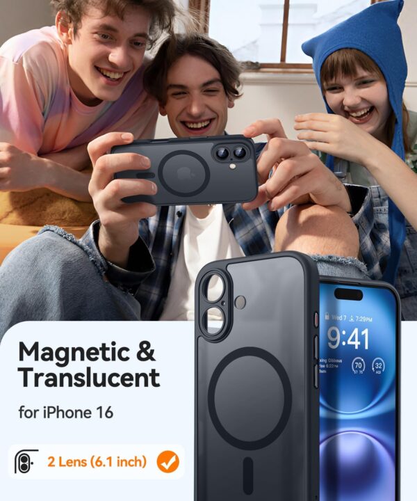 CANSHN Magnetic for iPhone 16 Case, Upgraded [Full Camera Protection] [Compatible with Magsafe] [Translucent Matte] Shockproof Protective Phone Case for iPhone 16 - Black - Image 2
