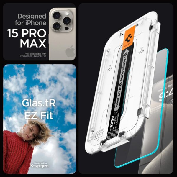 Spigen Tempered Glass Screen Protector [GlasTR EZ FIT] designed for iPhone 15 Pro Max [Case Friendly] - 2 Pack - Image 2
