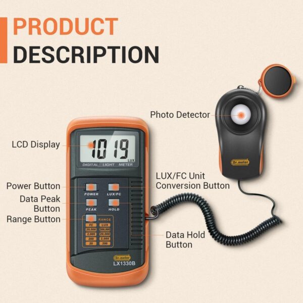 Dr.meter LX1330B Digital Illuminance Light Meter, 0-200,000 Measurement Range Lux Meter, Lighting Intensity Brightness Measurement for Indoor Outdoor, Light Meters for Plants - Image 2
