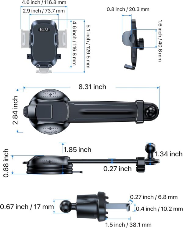 HTU [True Military-Grade Car Phone Holder [2025 Upgraded Strongest Suction & Vent Clip] Cell Phone Car Mount for Dashboard Windshield Vent Truck Cradle Dash Stand,Black - Image 9