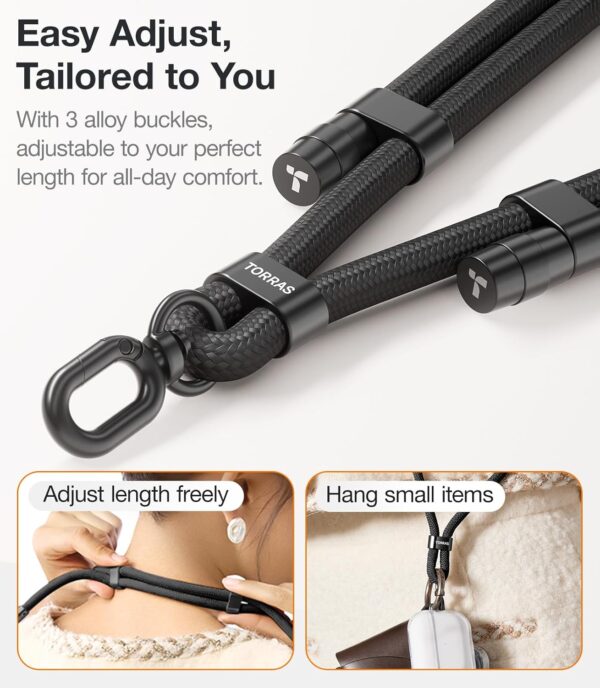 TORRAS Phone Lanyard Crossbody with 2 Phone Tabs, Adjustable Anti Theft Phone Strap for All Phones, Premium Metal Buckles, Skin-Friendly, Universal Cell Phone Neck lanyard for Travel Essentials, Black - Image 2