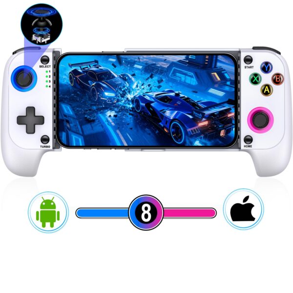 Mobile Game Controller for iPhone/Android, Wireless Phone Controller Support Phone Case, Gaming Controller with Hall Joystick Suitable for Xbox Game Pass, Steam Link, Roblox, Call of Duty & More, White