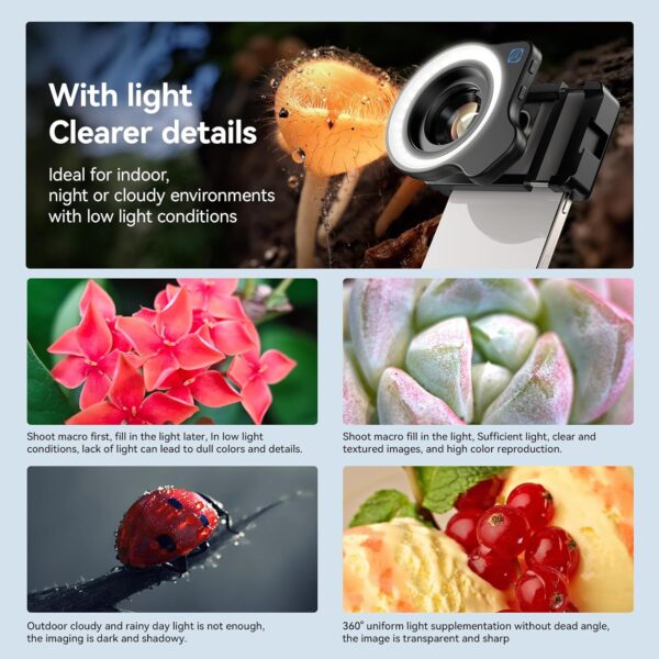APEXEL 10-20X Macro Lens for iPhone & Android Phones | HD Photography Lens Kit with Universal Clip & 45-Mode Fill Light | Capture Still Life Close-Ups, Insects, Plants, Jewelry, Food & Small Objects - Image 6