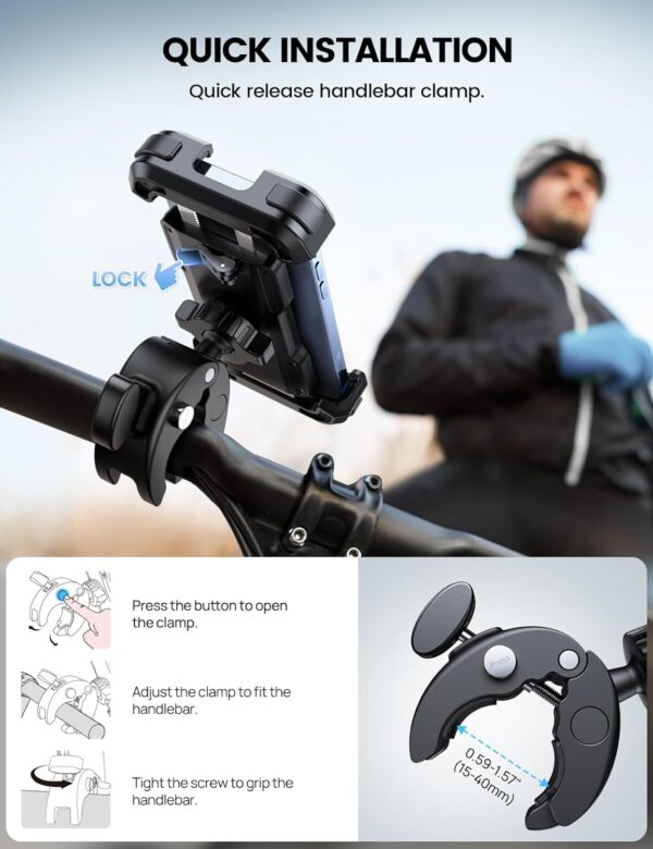 Lamicall Motorcycle Phone Mount, Bike Phone Holder - [Metal Lock] Upgrade Quick Install Handlebar Clip for Bicycle Scooter, Cell Phone Clamp for iPhone 16 15 14 Pro Max, Galaxy, 4.7-6.8" Phones - Image 4