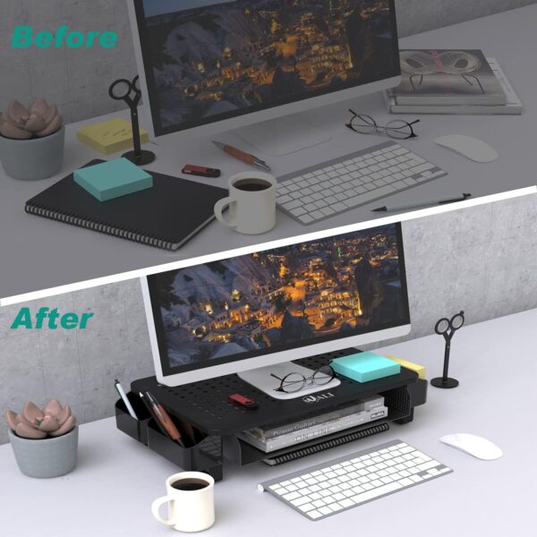 WALI Monitor Stand with Storage, Monitor Riser with Ventilation Drawer and Side Storage, Laptop Stand Riser for Desk, Printer Stands, (STT007), Black - Image 5