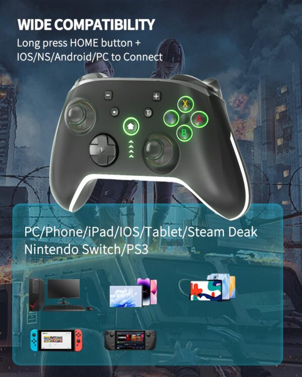 Bcofo Wireless Mobile Gaming Controller for iPhone/Android/Switch/Laptop, Wired Control for PC/Steam, Programmable Game Gamepad with Phone Clip for Gamer, with RGB Lighting Effect/Turbo/Vibration/6-Axis Gyro - Image 7