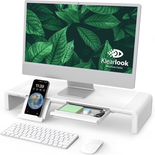 Elevate Your Workspace: Klearlook's Foldable, Height-Adjustable Monitor Stand with Storage and Device Holder in White