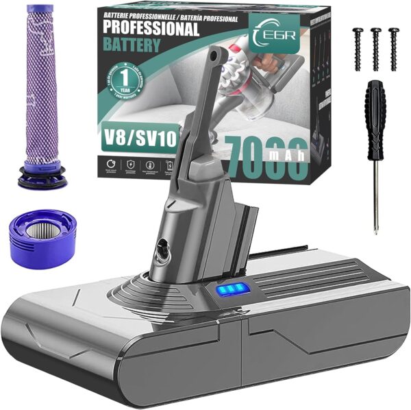 EGR Upgraded 7000mAh V8 Battery Replacement Compatible with Dyson V8 Animal Battery Replacement V8 Absolute V8 Motorhead V8 Fluffy SV10 Carbon Fiber Vacuum Cleaner 2 Filters and 3 Screws Included