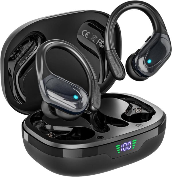Wireless Earbuds, Sports Bluetooth Headphones, Ear Buds with 80hr Playtime, Noise Canceling, LED Power Display, IPX7 Waterproof Earphones for Workout/Running Black