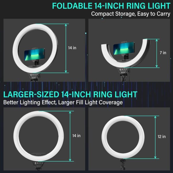 UBeesize 14'' Foldable Ring Light with 62'' Tripod Stand and Phone Holder, LED Selfie RingLight for iPhone with Remote, Circle Light for Tiktok/YouTube/Photography/Makeup/Live Stream - Image 2