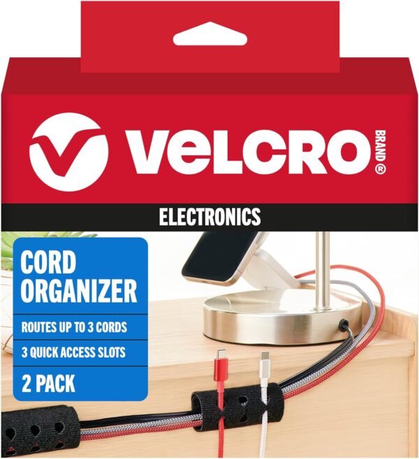 "Versatile Desk Duo: VELCRO® Cable Organizers for Effortless Cord Management and Stylish Nightstand Harmony"