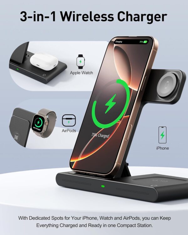 RYND 2025 Wireless Charger for iPhone Charging Station,3 in 1 Fast Max Charging for iPhone 16 15 14 13 12 Pro Max Plus,Charger Stand for Apple Watch Series & Air pods 4 3 2 Pro,Android Samsung Series - Image 3