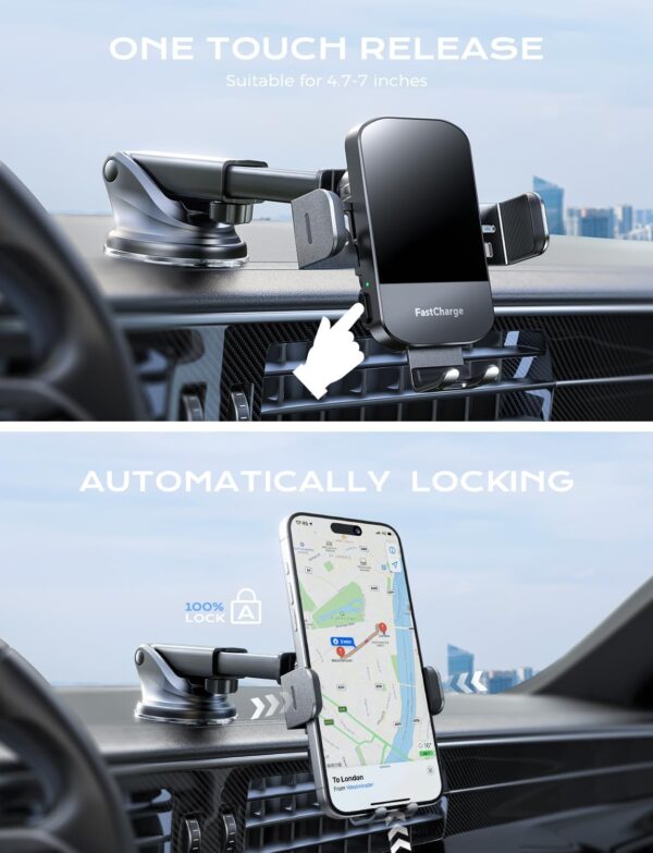 CHGeek Wireless Car Charger, 15W Fast Charging Auto Clamping Car Charger Phone Mount Phone Holder fit for iPhone 16 15 14 13 12 Pro Max 11 XR XS, Samsung Galaxy S24 Ultra S23 S22 S21, S20, S10+, Black - Image 5