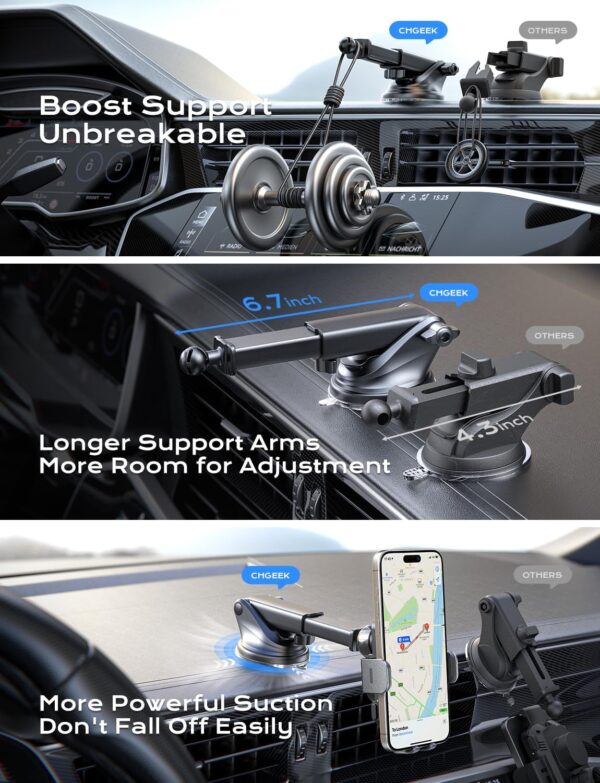 CHGeek Wireless Car Charger, 15W Fast Charging Auto Clamping Car Charger Phone Mount Phone Holder fit for iPhone 16 15 14 13 12 Pro Max 11 XR XS, Samsung Galaxy S24 Ultra S23 S22 S21, S20, S10+, Black - Image 6