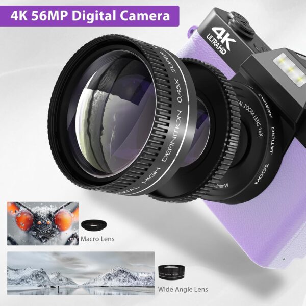 Capture Life in Vivid Detail: 56MP 4K Vlogging Camera with WiFi, 180° Flip Screen & Dual Lens Kit in Stylish Purple! - Image 8