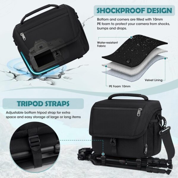 RAINSMORE Camera Bag, DSLR/SLR/Mirrorless Camera Case with Tripod Holder Waterproof Camera Sling Bag Crossbody Camera Bags for Photographers with Rain Cover for Canon/Nikon/Sony/Fuji, Black - Image 4