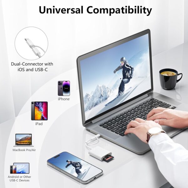SD Card Reader for iPhone iPad Camera,Dual Card Slot Memory Card Reader Supports SD and TF Card Trail Camera Viewer Sd Card Adapter Portable Micro Sd Card Reader No Application Required Plug and Play - Image 4