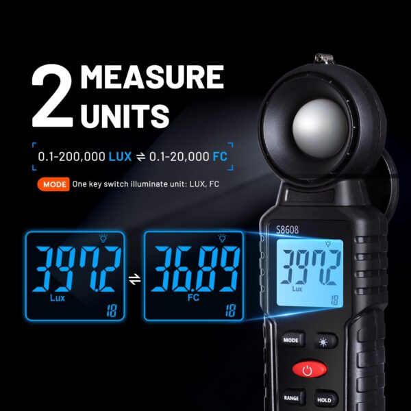 Mcbazel Digital Illuminance Light Meter, Photometer Light Intensity Sense Tester with LCD Display,Lux Meter Range up to 200,000 Lux for Grow Plants/Photography/Indoor/Garden - Image 5