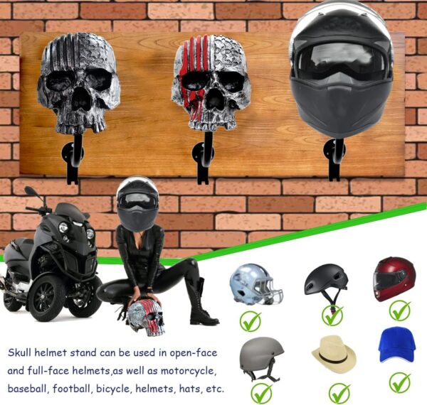 Helmet Holder,Skull Helmet Holder Wall Mount Helmet Rack with 2 Hooks Helmet Hanger for Coats,Caps,Baseballs,Rugby Helmet,Motorcycle Accessories - Image 4