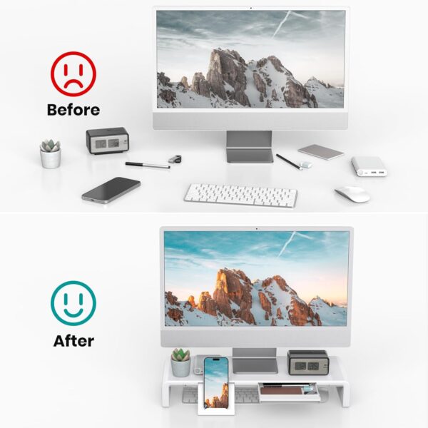 Elevate Your Workspace: Klearlook's Foldable, Height-Adjustable Monitor Stand with Storage and Device Holder in White - Image 4