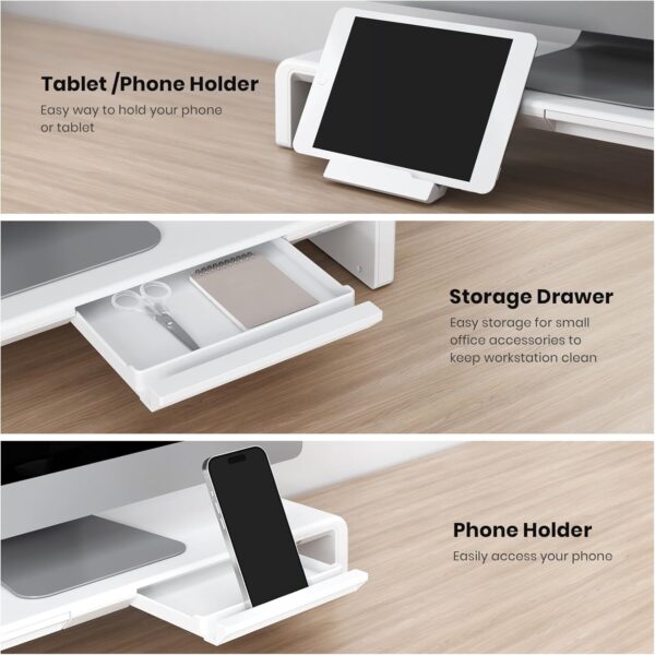 Elevate Your Workspace: Klearlook's Foldable, Height-Adjustable Monitor Stand with Storage and Device Holder in White - Image 5