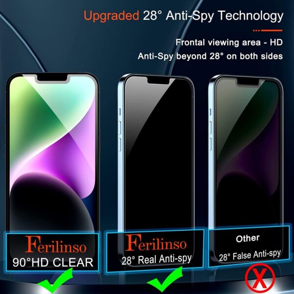 "Elevate Your Privacy: Ferilinso 9H Anti-Spy Tempered Glass Screen Protector & Camera Lens Guard for iPhone 13/14 - Dual Pack!" - Image 4